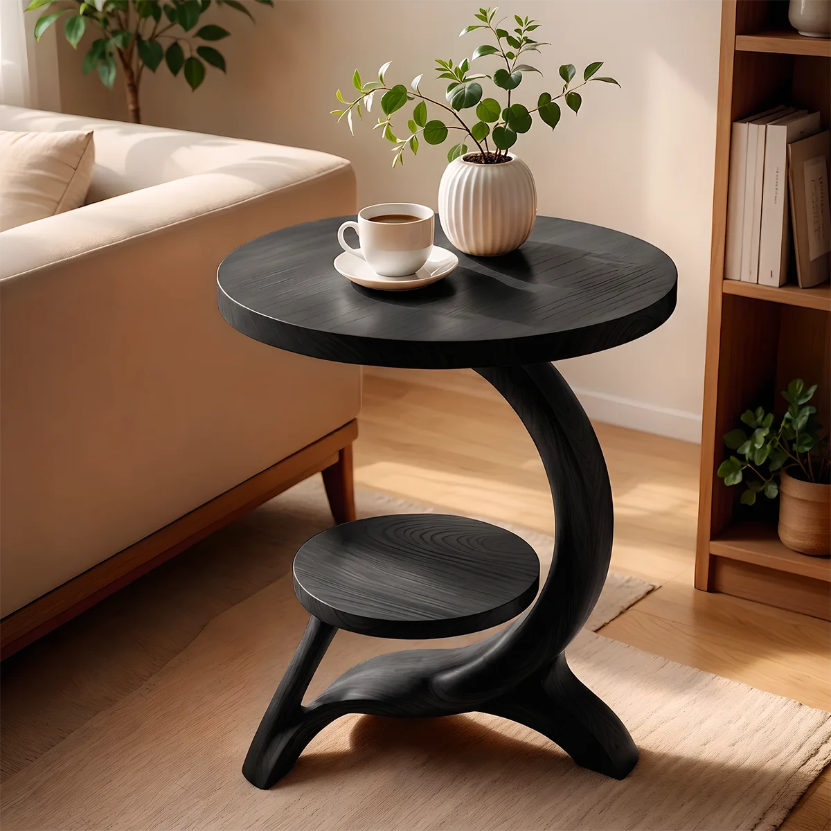 Modern Round End Table with Sculptural Base | Contemporary Accent Side Table with Display Shelf HG021-2HEU5KL