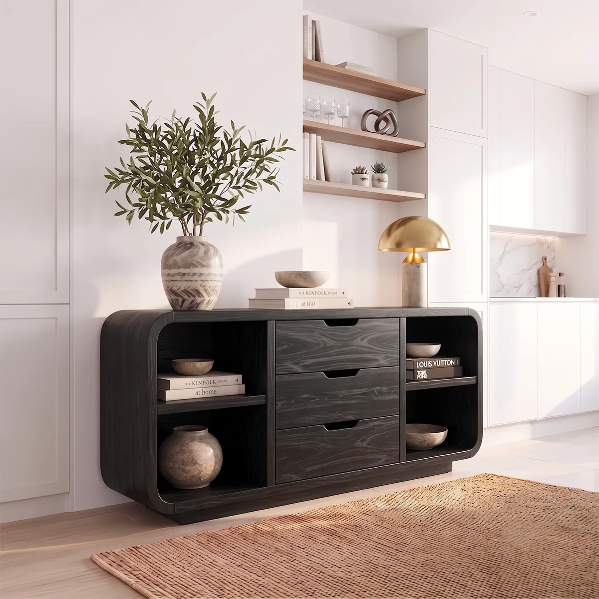 Rounded Sideboard with 3 Drawers and 4 Open Shelves | Modern Storage Cabinet HG021-1MUL6EE