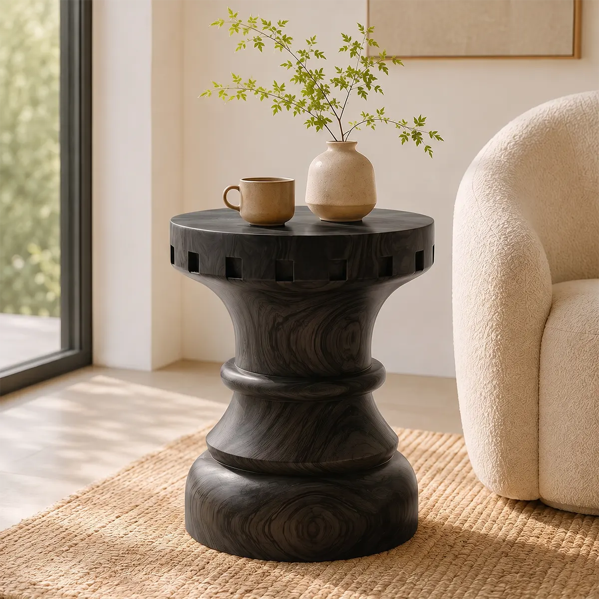 Sculptural Square Notch Wood End Table | Round Turned Pedestal Side Table TT006-7CML8BQ