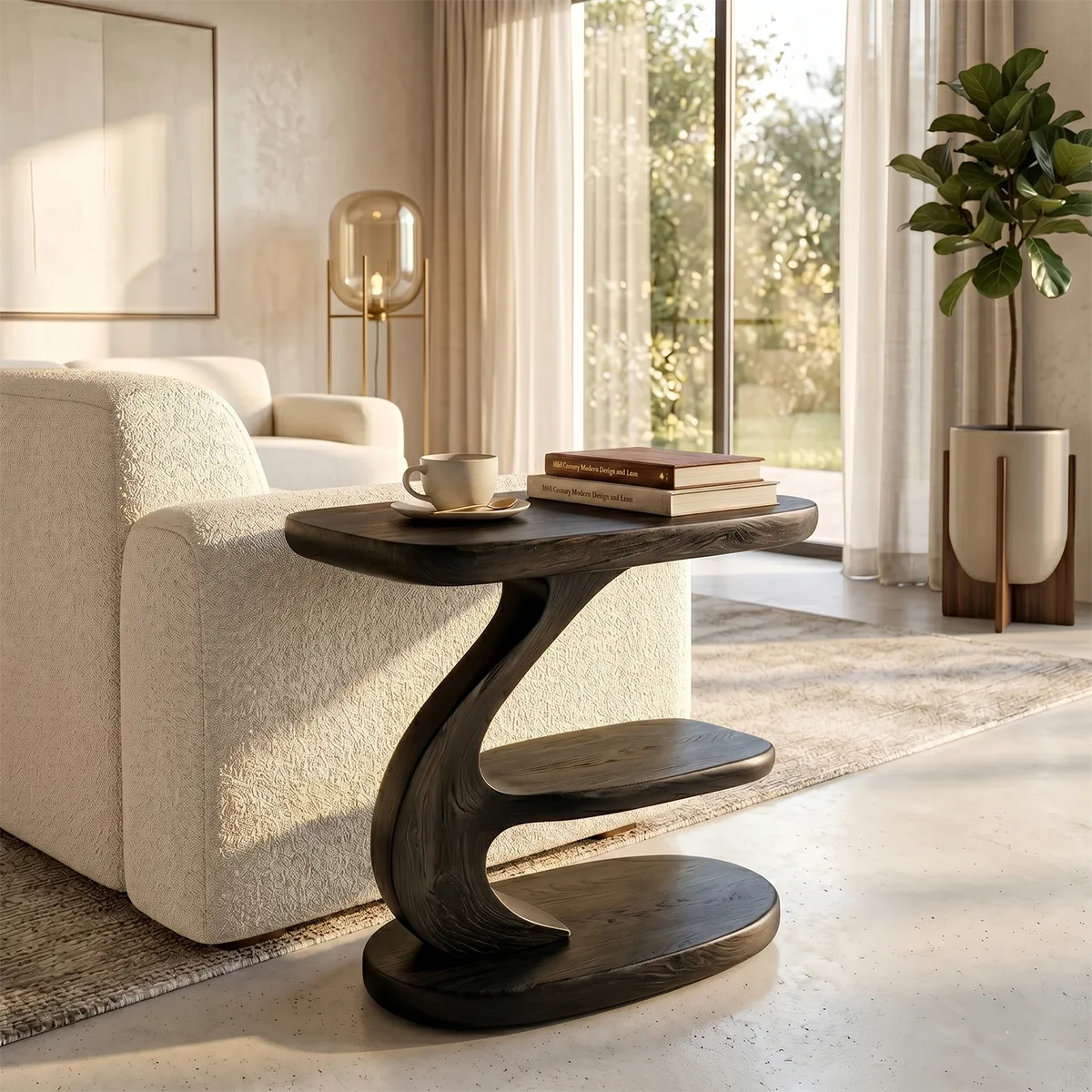 Modern Sculptural C-Shaped End Table with Multi-Level Storage TH003-7349