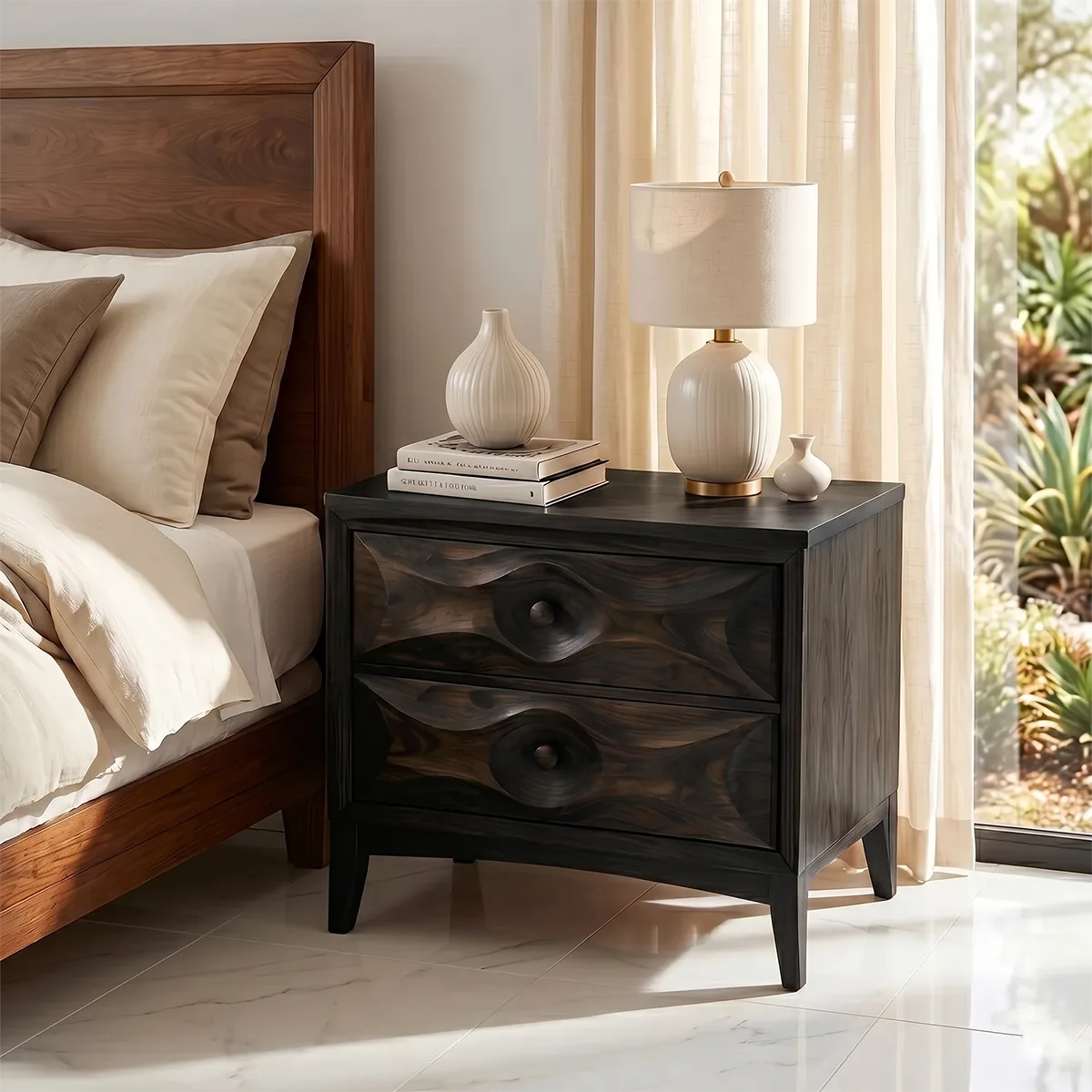Modern Nightstand with Drawers | Sculptural Contemporary Bedside Table TH003-9402