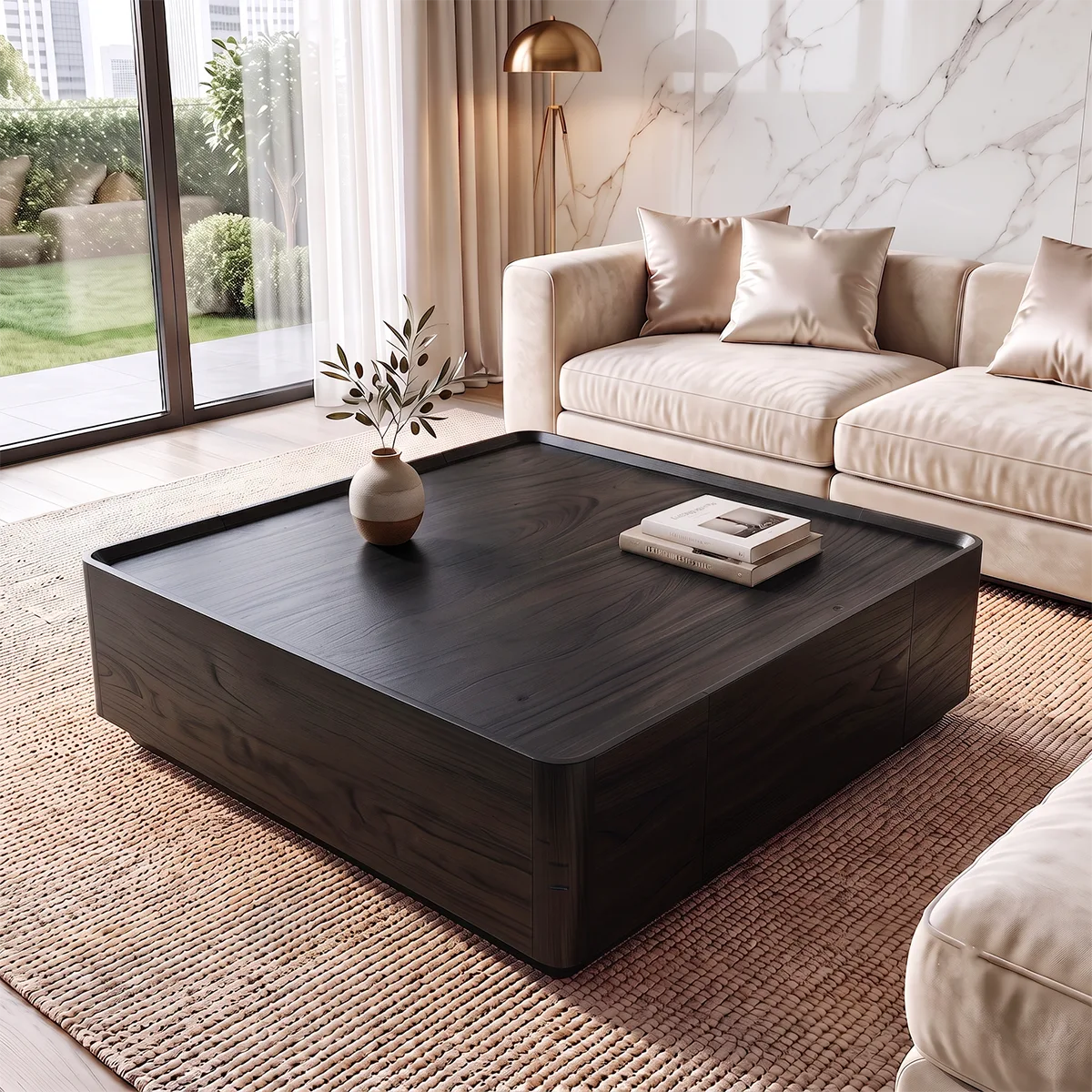 Square Coffee Table with Hidden Storage Drawer | Modern Low Profile Center Table HG021-5UQU1VD
