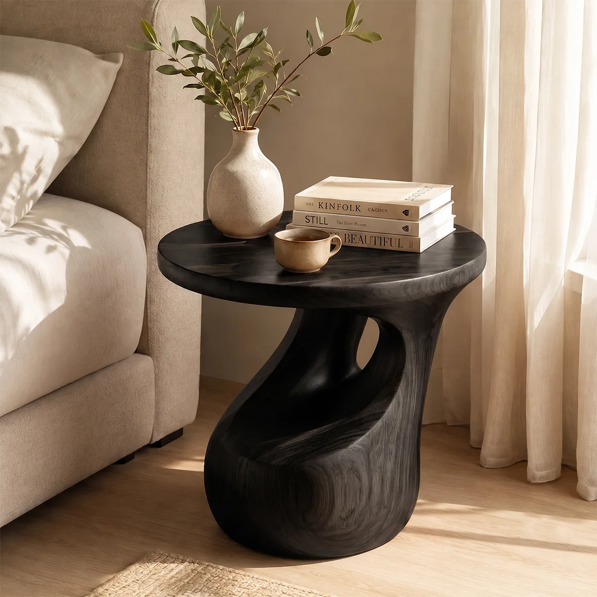 Sculptural Arch Wood End Table | Round Open Pedestal Side Table TT006-7OSO6IW