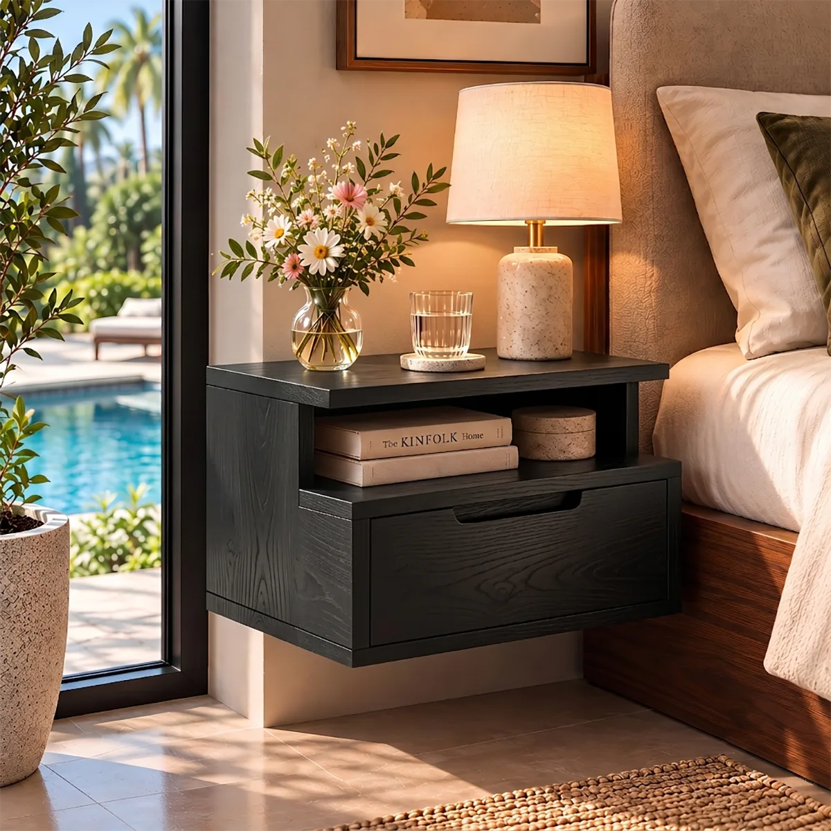 Modern Floating Nightstand with Drawer & Open Shelf | Wall Mounted Bedside Table HG021-3IPF7JJ