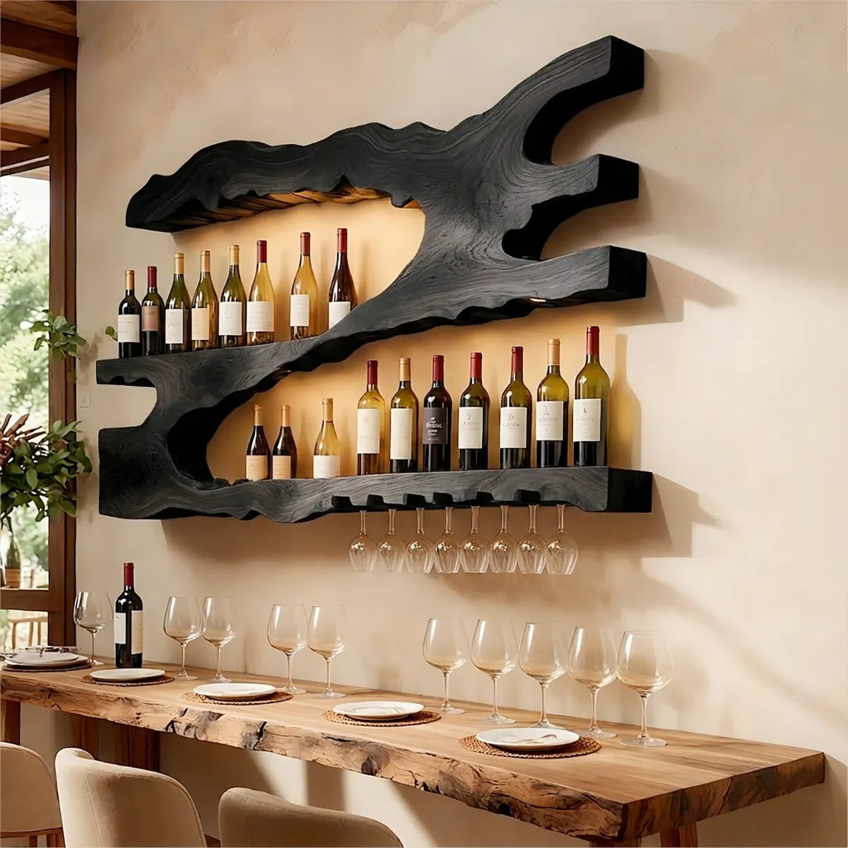 Live Edge Solid Wood Wall Wine Rack for Home Bars & Wine Lovers HG021-4091
