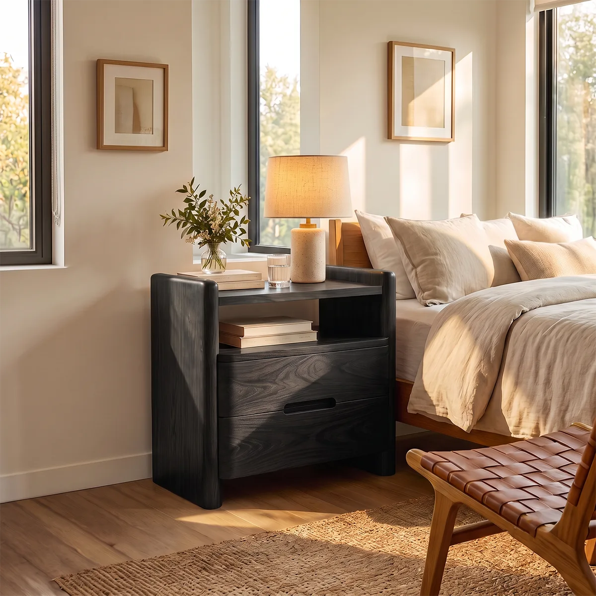 Modern 2-Drawer Nightstand with Open Shelf | Rounded Bedside Table with Recessed Handles HG021-8JCL2CB