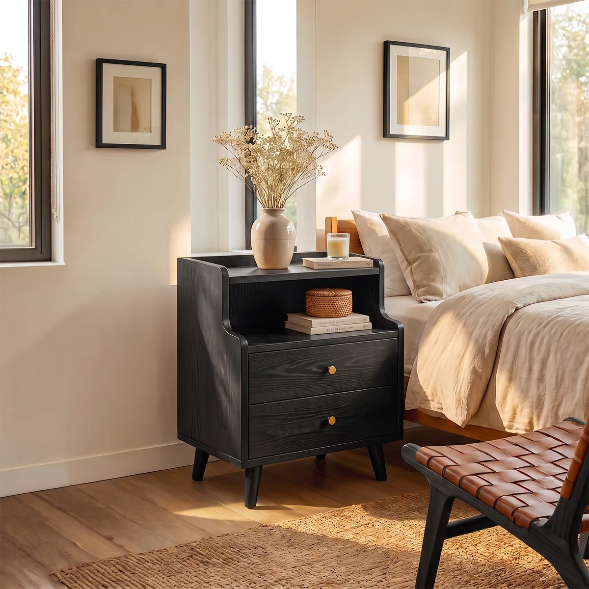 Modern 2-Drawer Nightstand with Open Shelf | Tall Bedside Table with Tapered Legs HG021-7TNK8GF