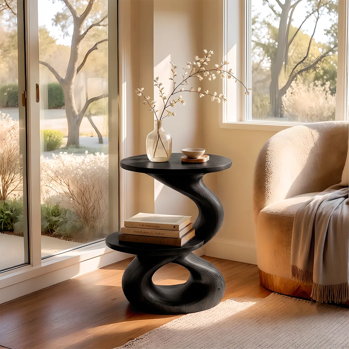 Modern Sculptural Round End Table with Display Shelf | Contemporary Accent Side Table HG021-8NBN5EM