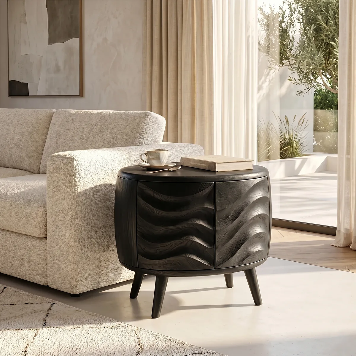 Round Accent End Table with Sculpted Front Panels and Concealed Storage TH003-7904