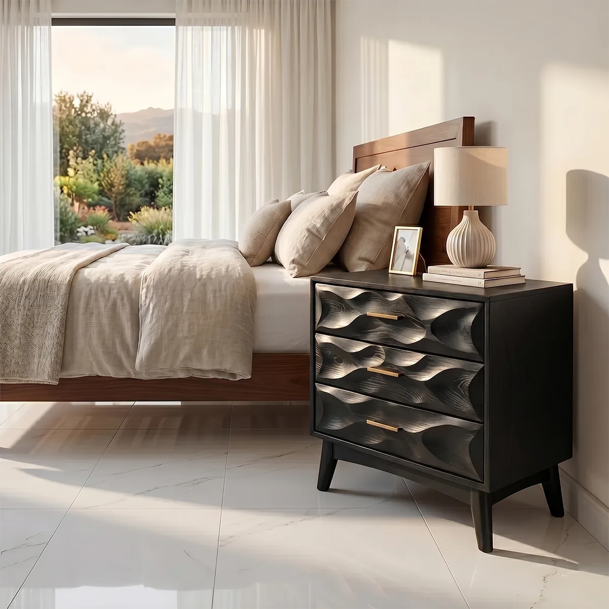 Modern Nightstand with 3 Drawers | Sculptural Contemporary Bedside Table TH003-5140