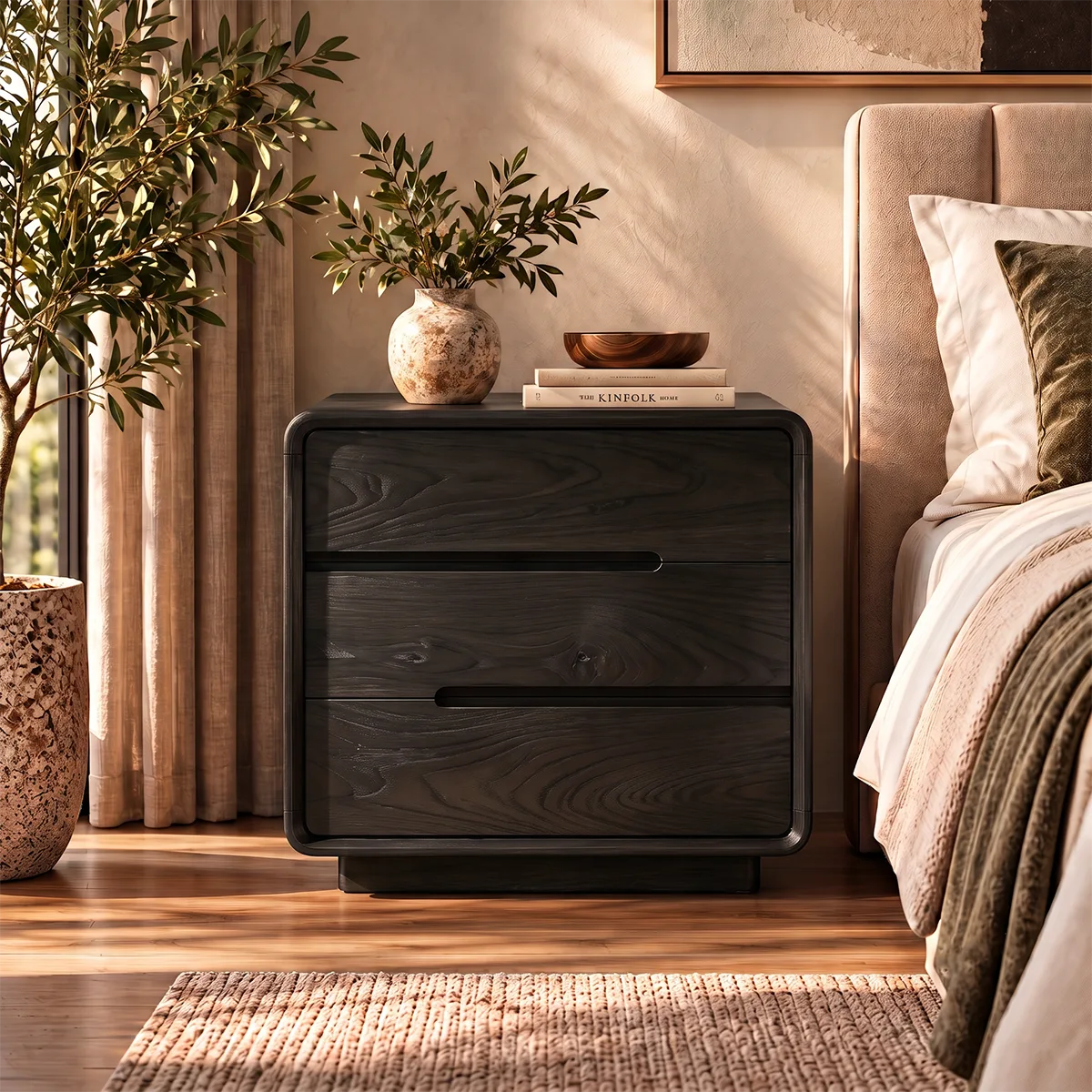Modern 3-Drawer Nightstand | Rounded Corner Bedside Table with Recessed Handles HG021-1BHP5HK