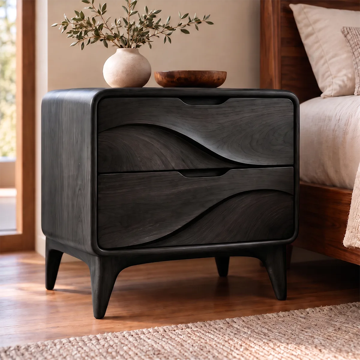 Sculptural Wave 2-Drawer Nightstand | Modern Bedside Table with Carved Drawer Fronts HG021-5AYQ3CA