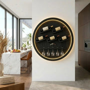 Round Solid Wood Wall Wine Rack with Glass Holder HG021-3468