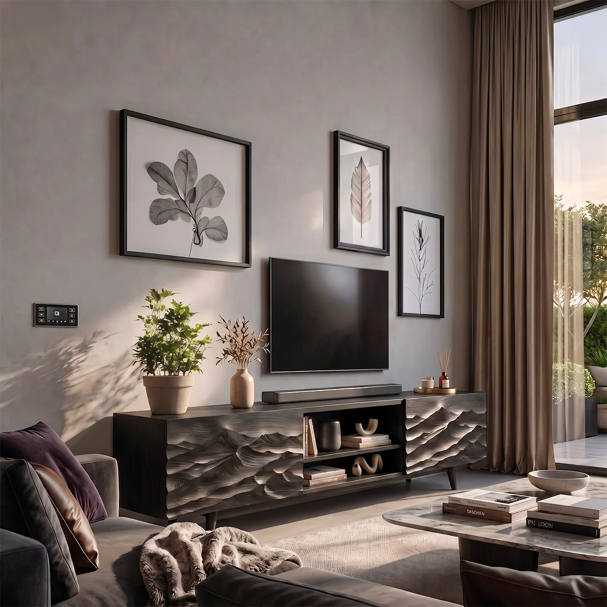 Modern Mountain Relief TV Stand | Contemporary Media Console with Sculpted Landscape Doors HG021-5KXU7XE
