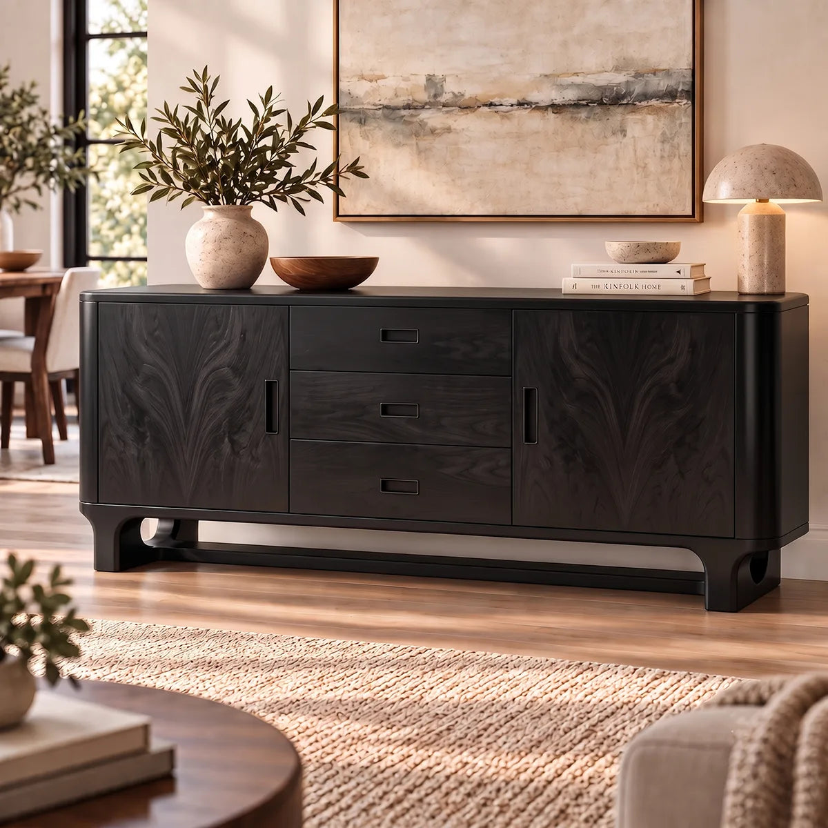 Modern Sideboard with 3 Drawers and 2 Cabinets | Rounded Storage Buffet with Interior Shelves HG021-6UVE8HY