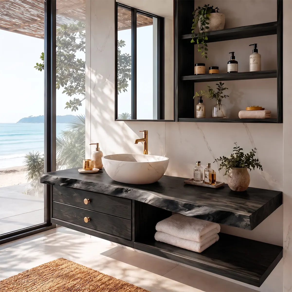 Live Edge Floating Bathroom Vanity | Wall Mounted Vanity with Drawers & Open Shelf TT006-4WJO5CA