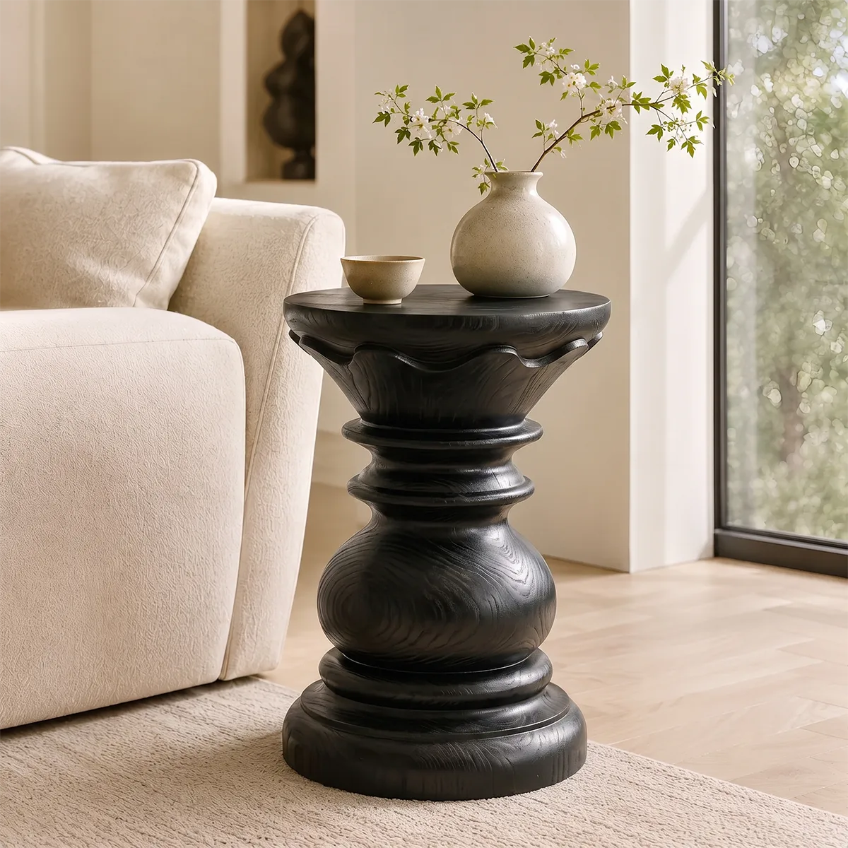Sculptural Crown Pedestal Wood End Table | Round Carved Side Table TT006-9TFS8ZN