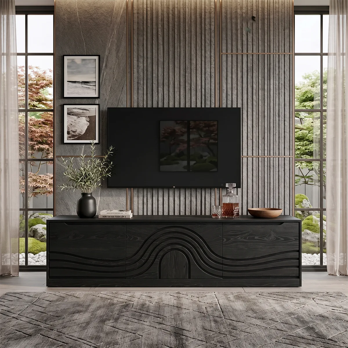 Wave Carved Wood TV Stand | Modern Low Profile Media Console HG021-2WFD3JN