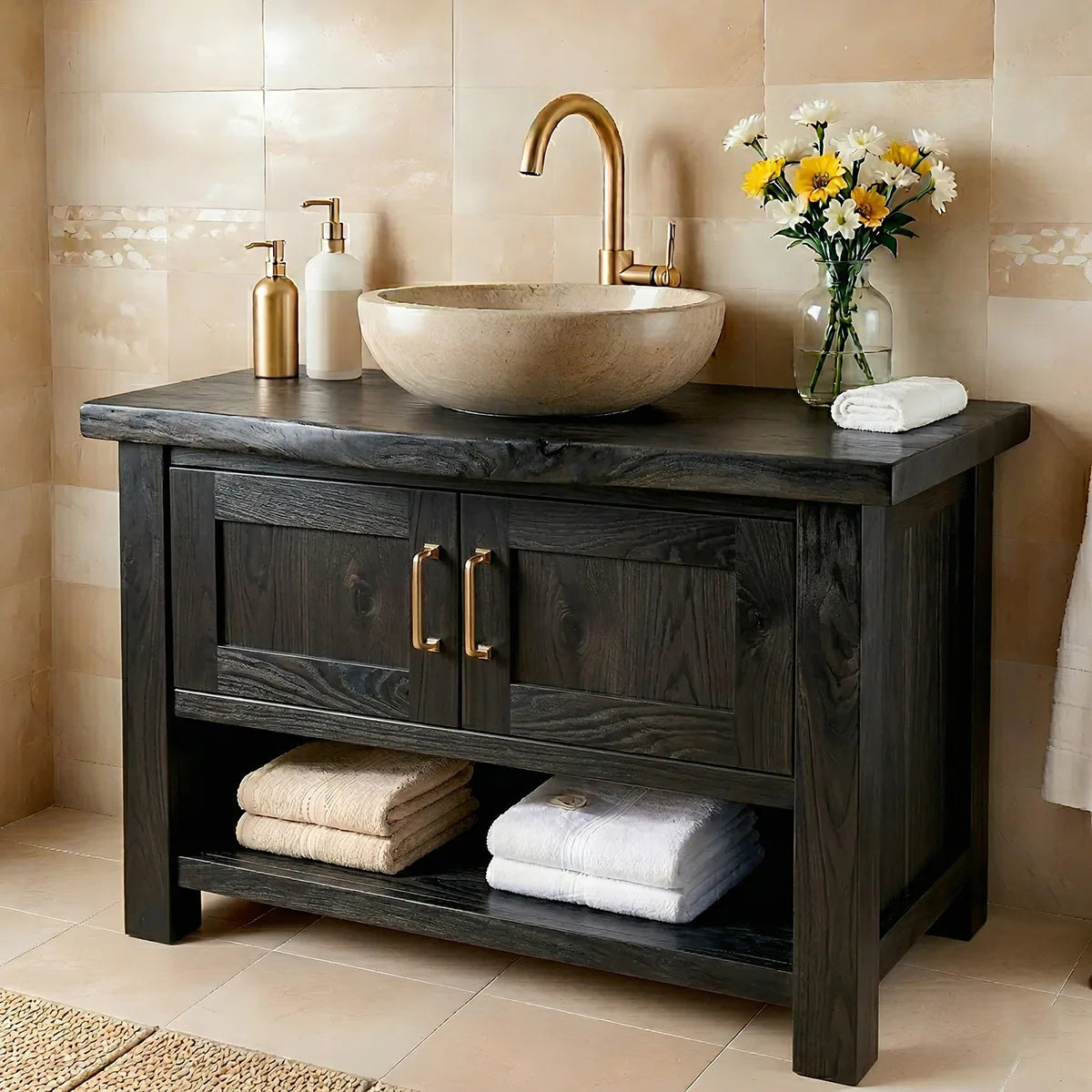 Handcrafted Natural Solid Wood Vanity Cabinet with Double Doors and Open Shelf