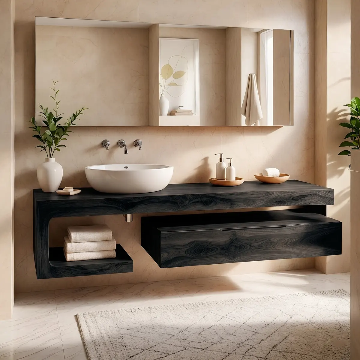 Floating Bathroom Vanity with Drawer & Open Shelf | Modern Curved Wall-Mounted Design TT006-2ZDO7SU