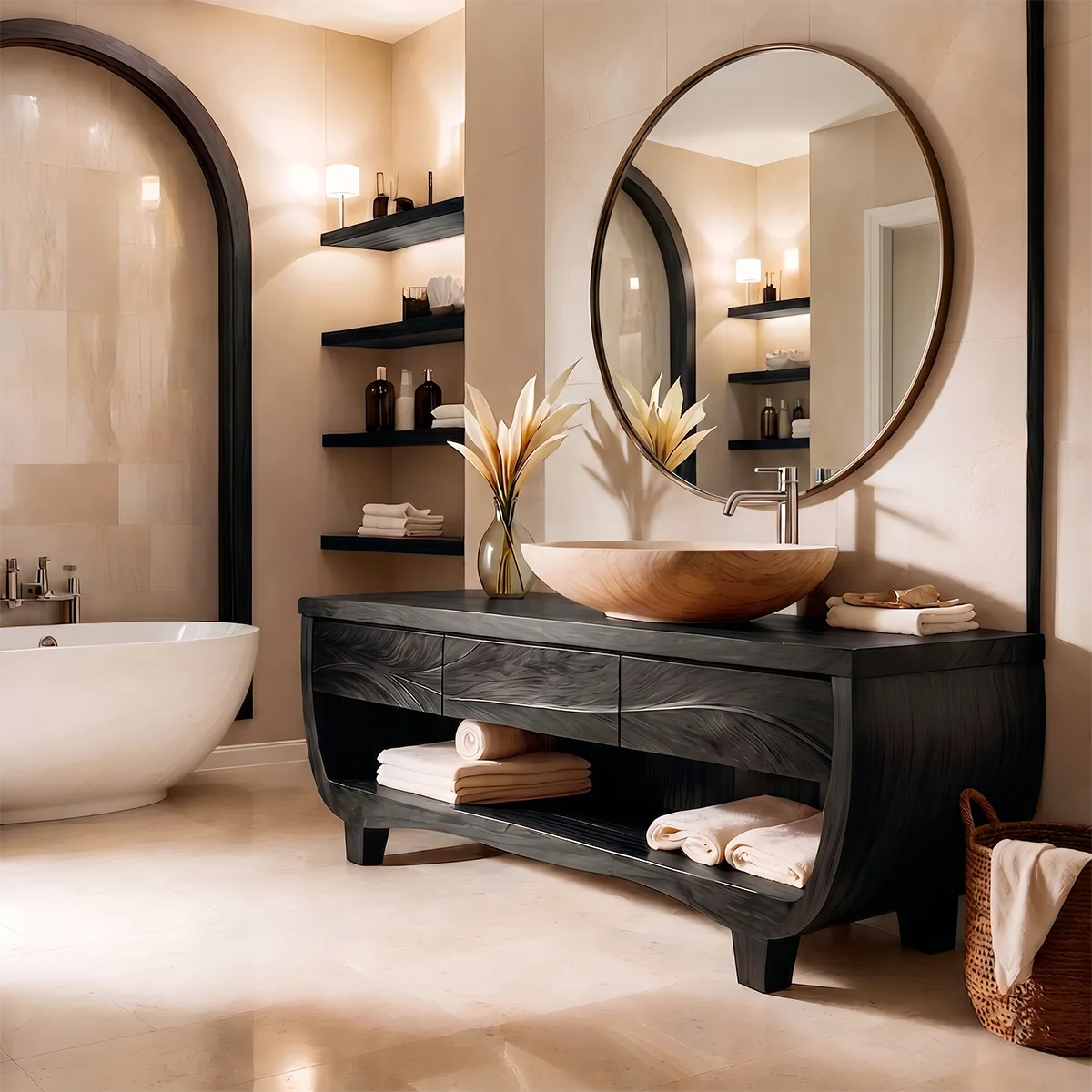 Solid Wood Double Sink Bathroom Vanity | Curved Bathroom Vanity Cabinet with Open Shelf & Drawers HG021-2095