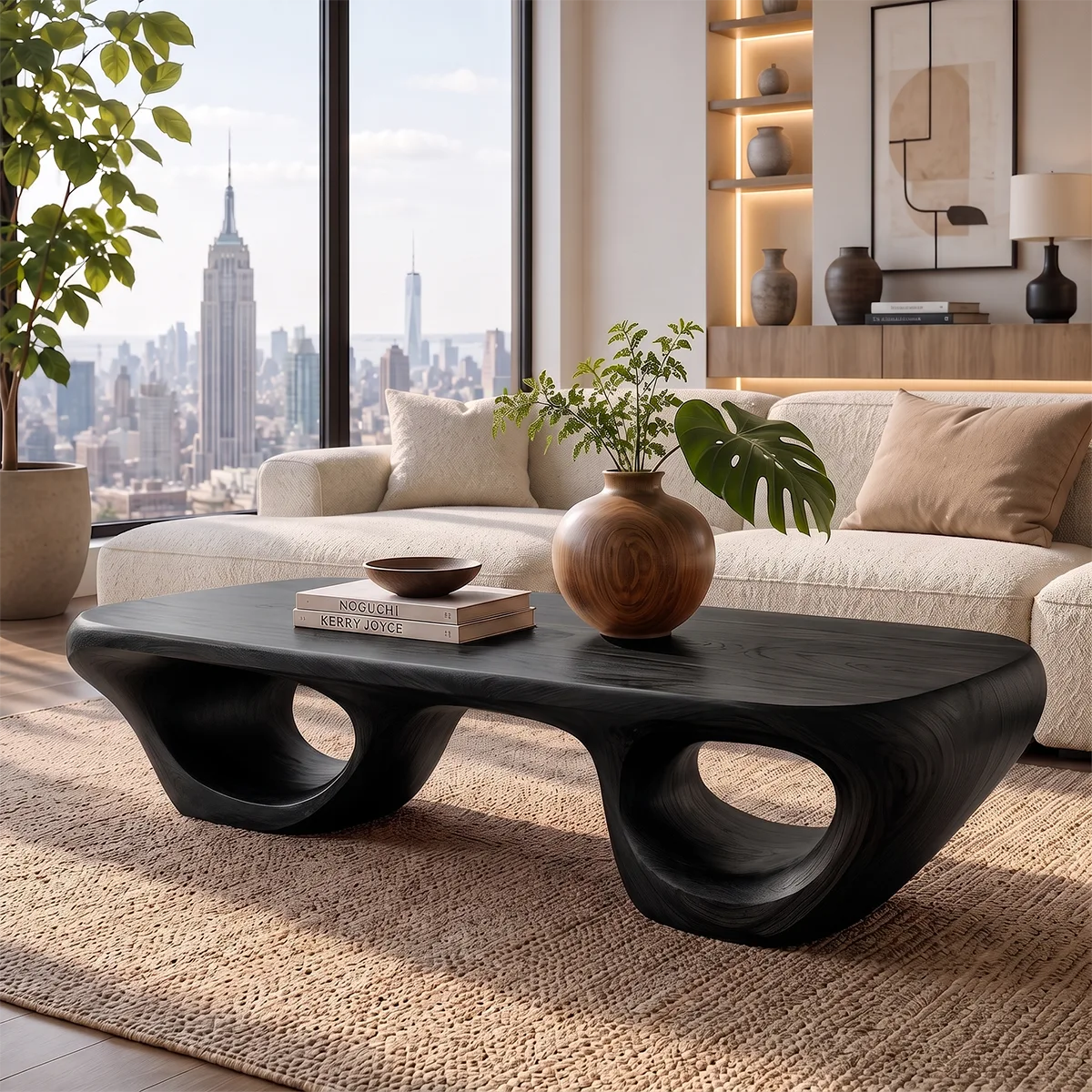 Sculptural Wood Coffee Table with Hollow Loop Base | Organic Modern Rectangular Center Table HG021-2FVS9KF