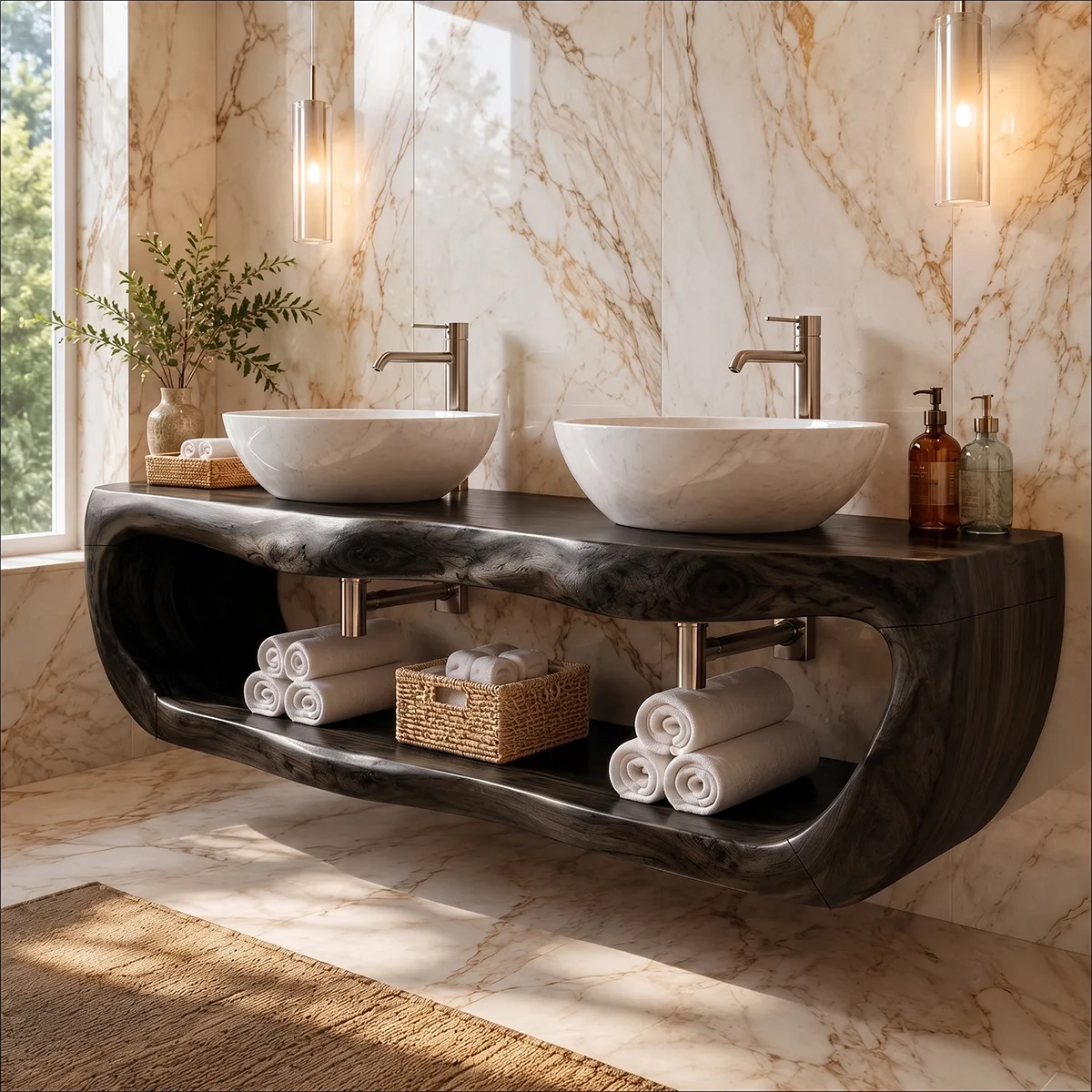 Floating Double Bathroom Vanity with Open Shelf | Sculptural Organic Edge Design TT006-7QQX8GI
