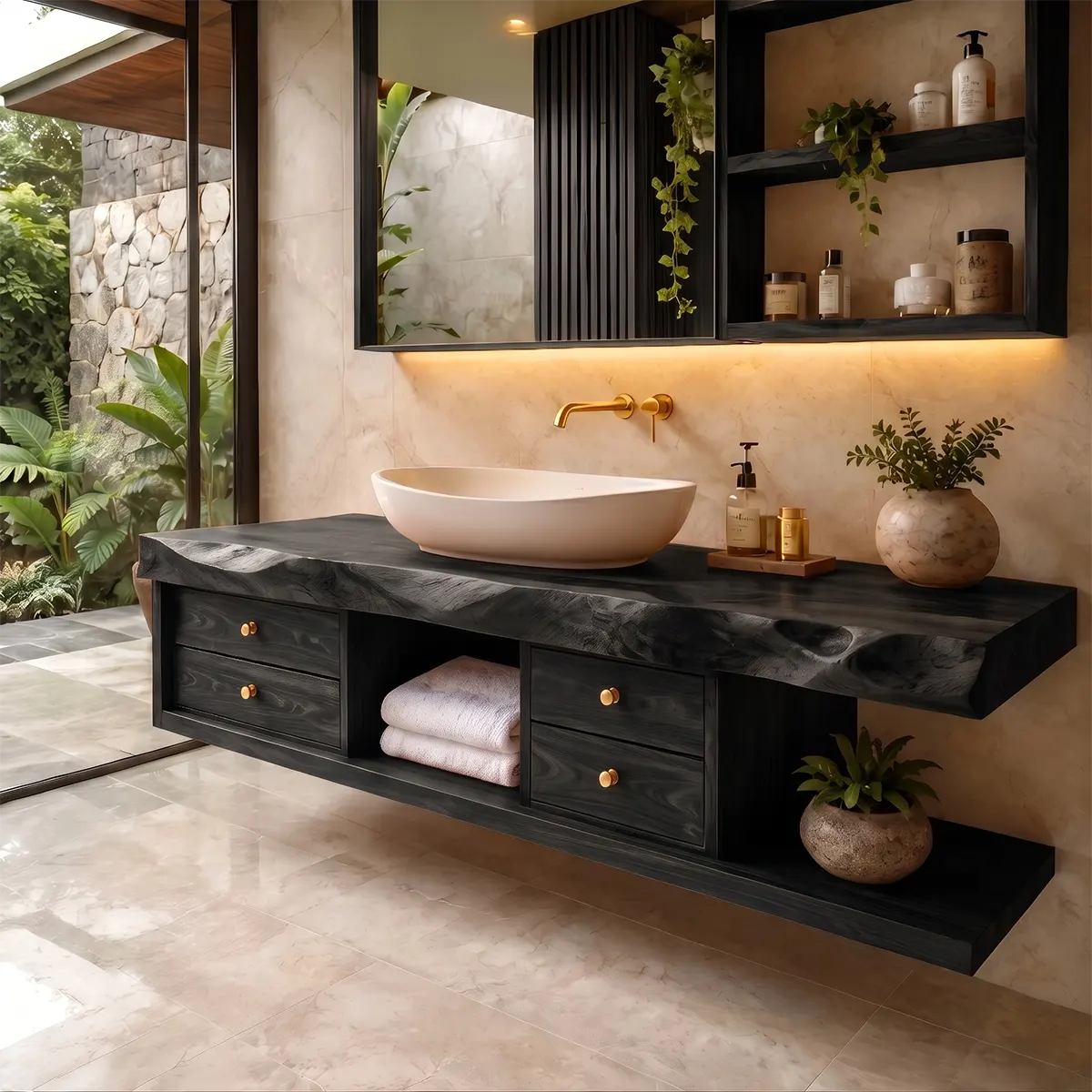 Live Edge Floating Bathroom Vanity | Wood Vanity with Drawers & Open Storage TT006-4VIS1BS