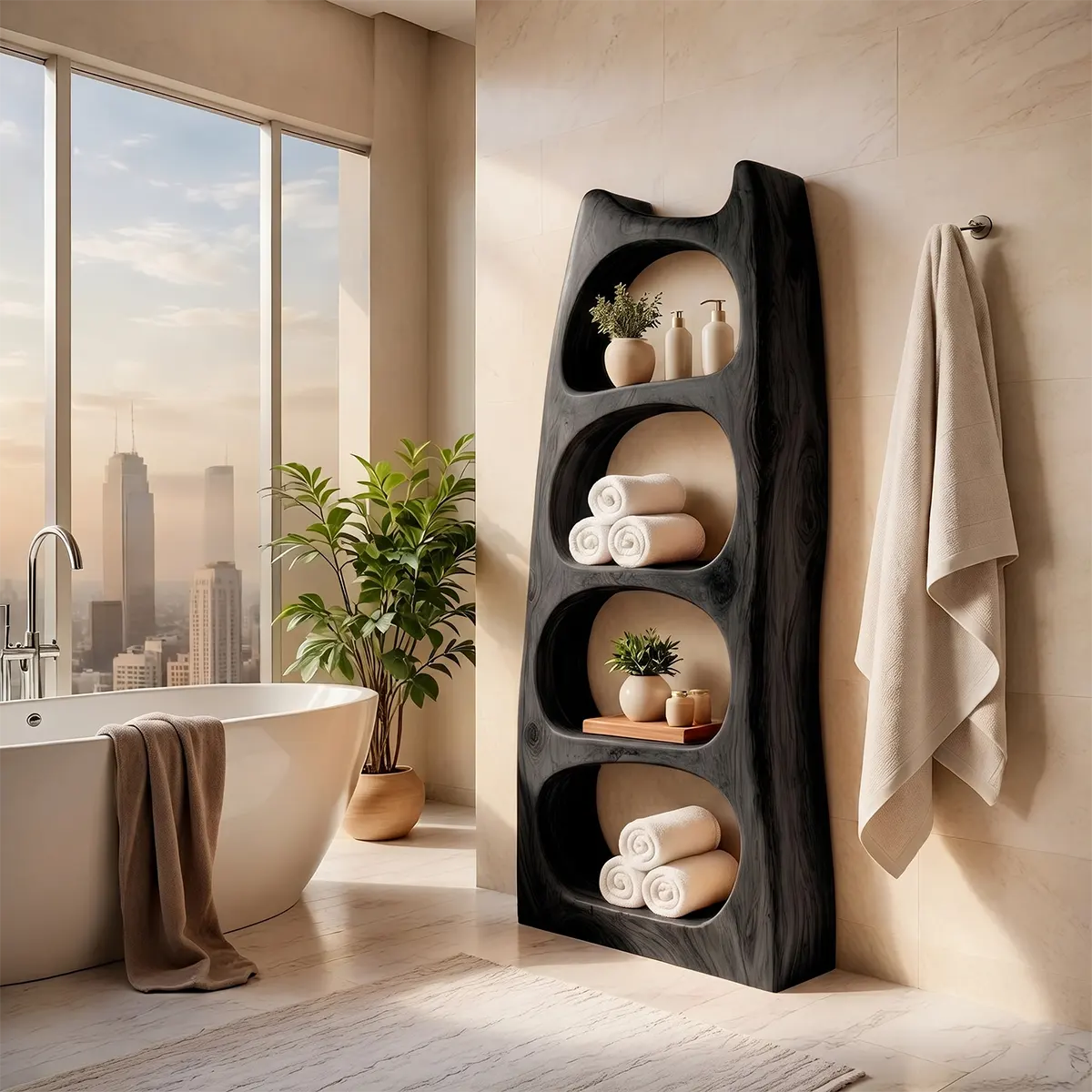 Tall Bathroom Storage Cabinet with Open Shelves | Sculptural Organic Modern Storage Tower TT006-3KAU7XR
