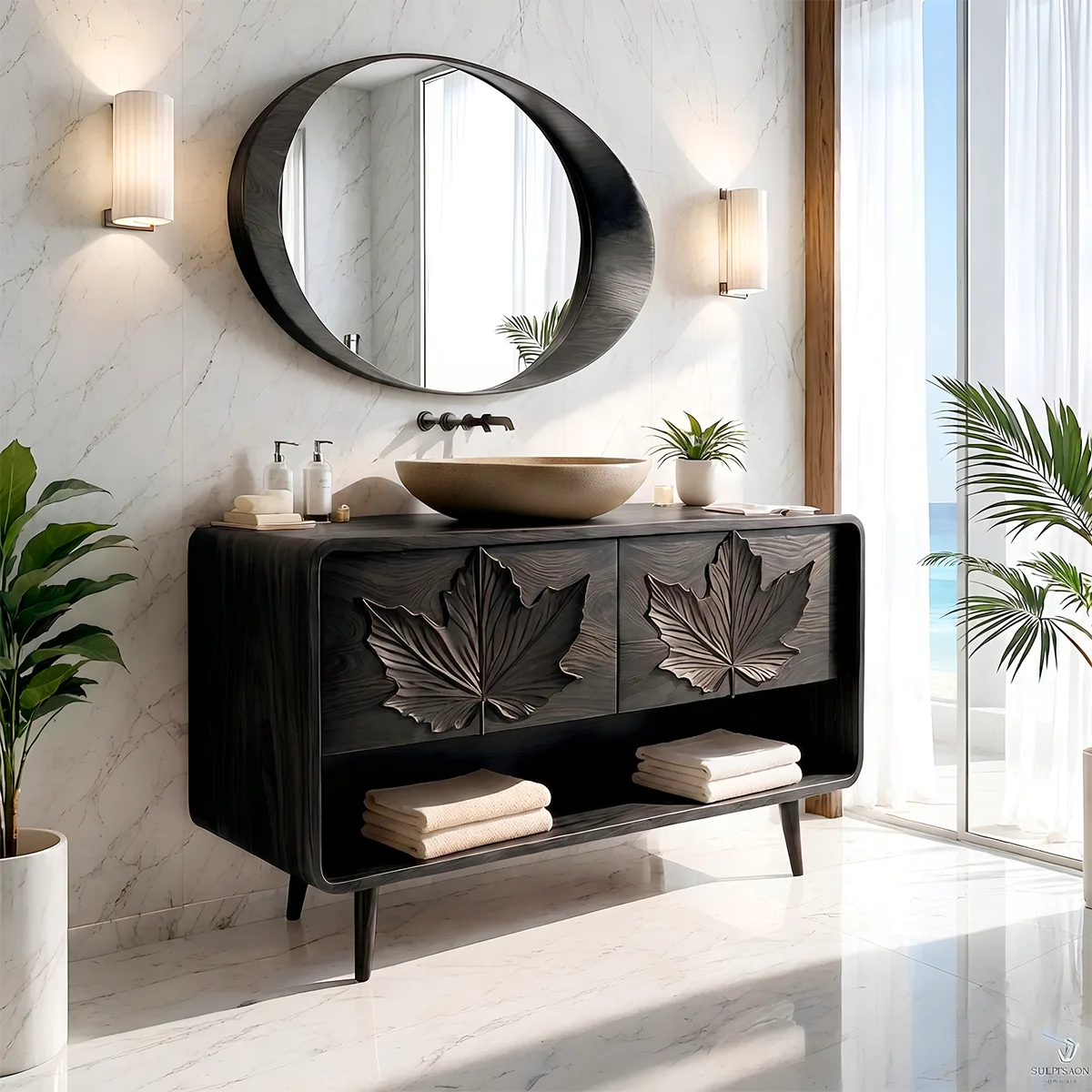 Japanese Inspired Leaf Carved Bathroom Vanity Cabinet HG021-6349