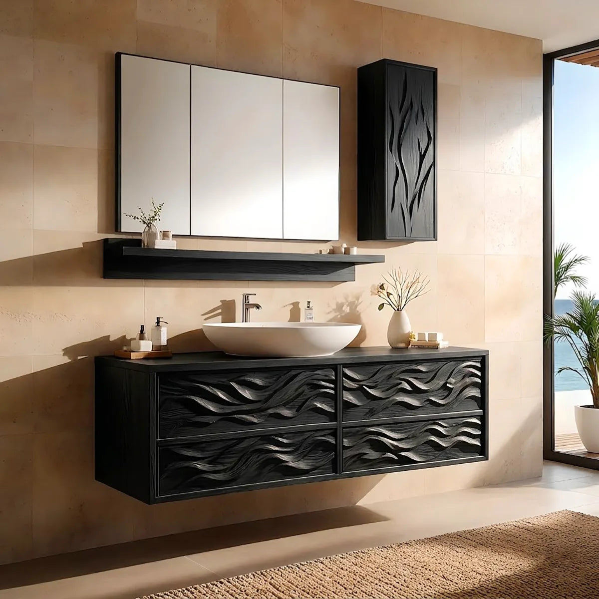 Carved Floating Bathroom Vanity | Sculptural Wall Mounted Bathroom Cabinet HG021-5018