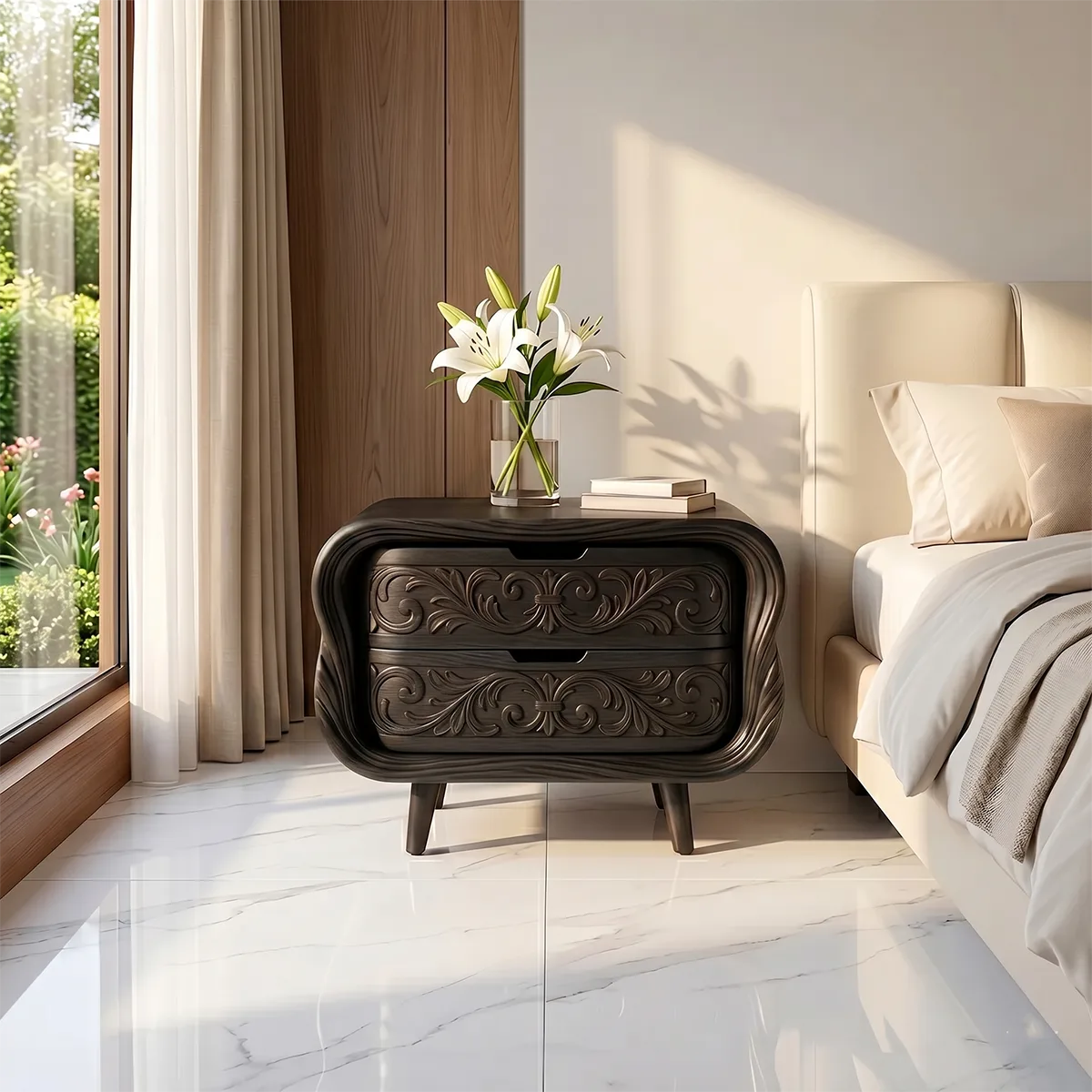 Carved Nightstand with 2 Drawers | Luxury Sculptural Bedside Table TH003-7822