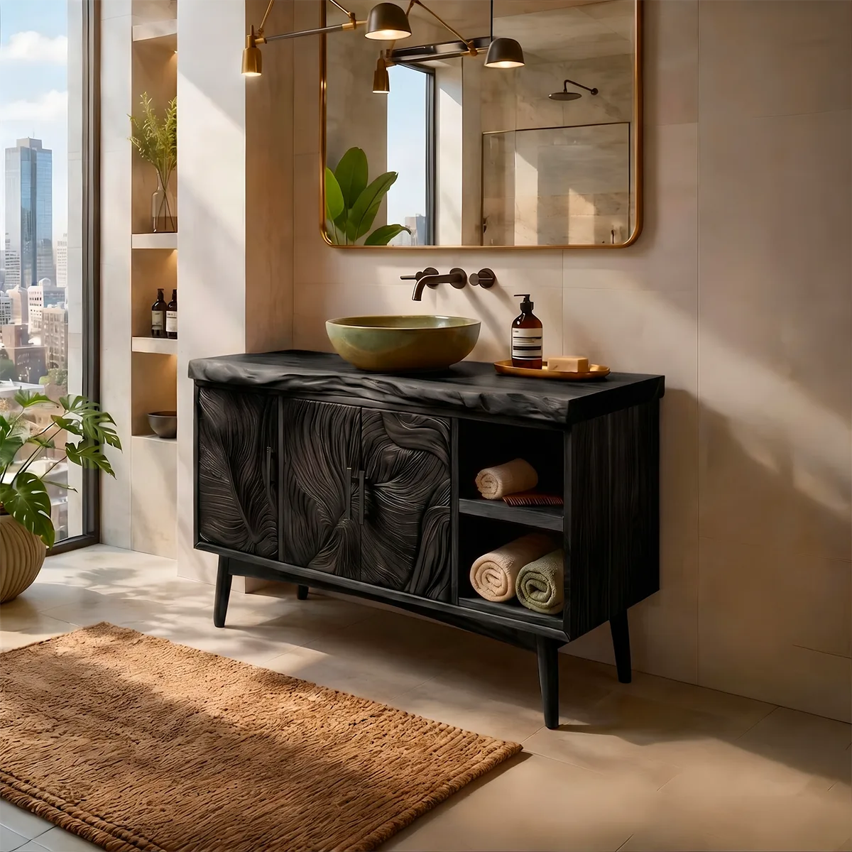 Tropical Modern Bathroom Vanity with Hand-Carved Doors and Open Storage HG021-1910