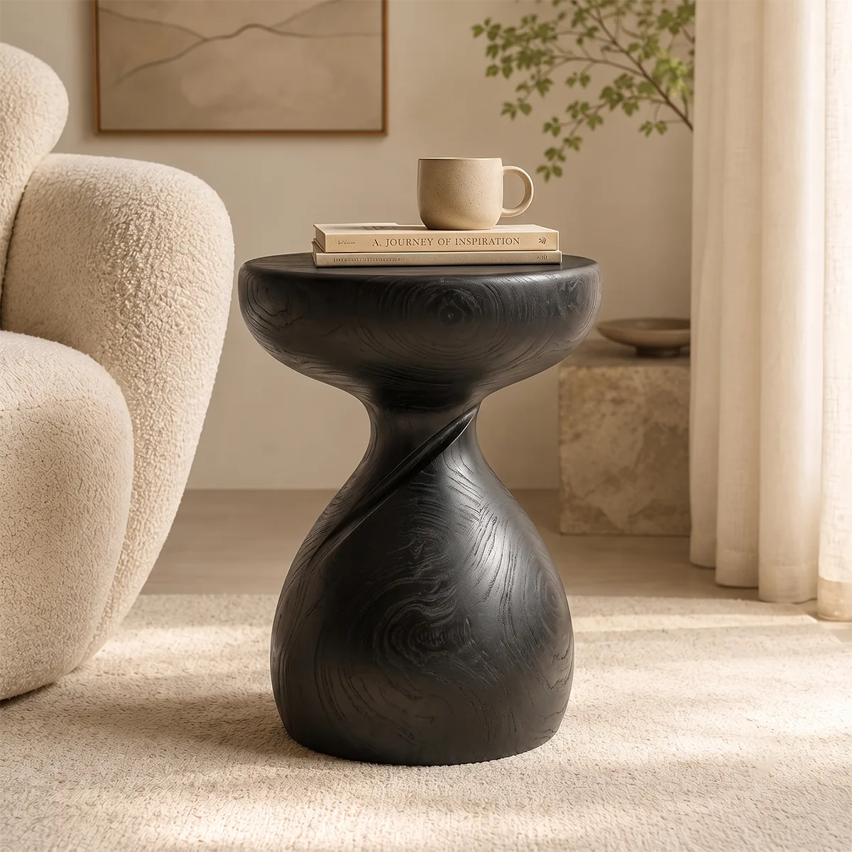 Sculptural Twist Wood End Table | Round Curved Pedestal Side Table TT006-4LXI5HY