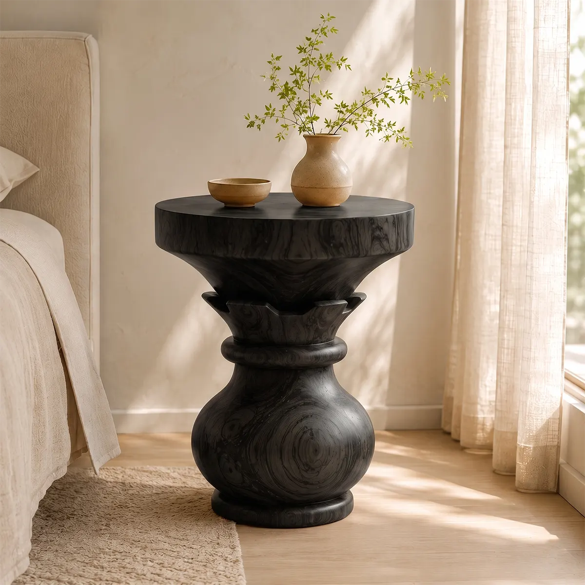 Sculptural Lotus Pedestal Wood End Table | Round Statement Side Table TT006-6BCF9JT