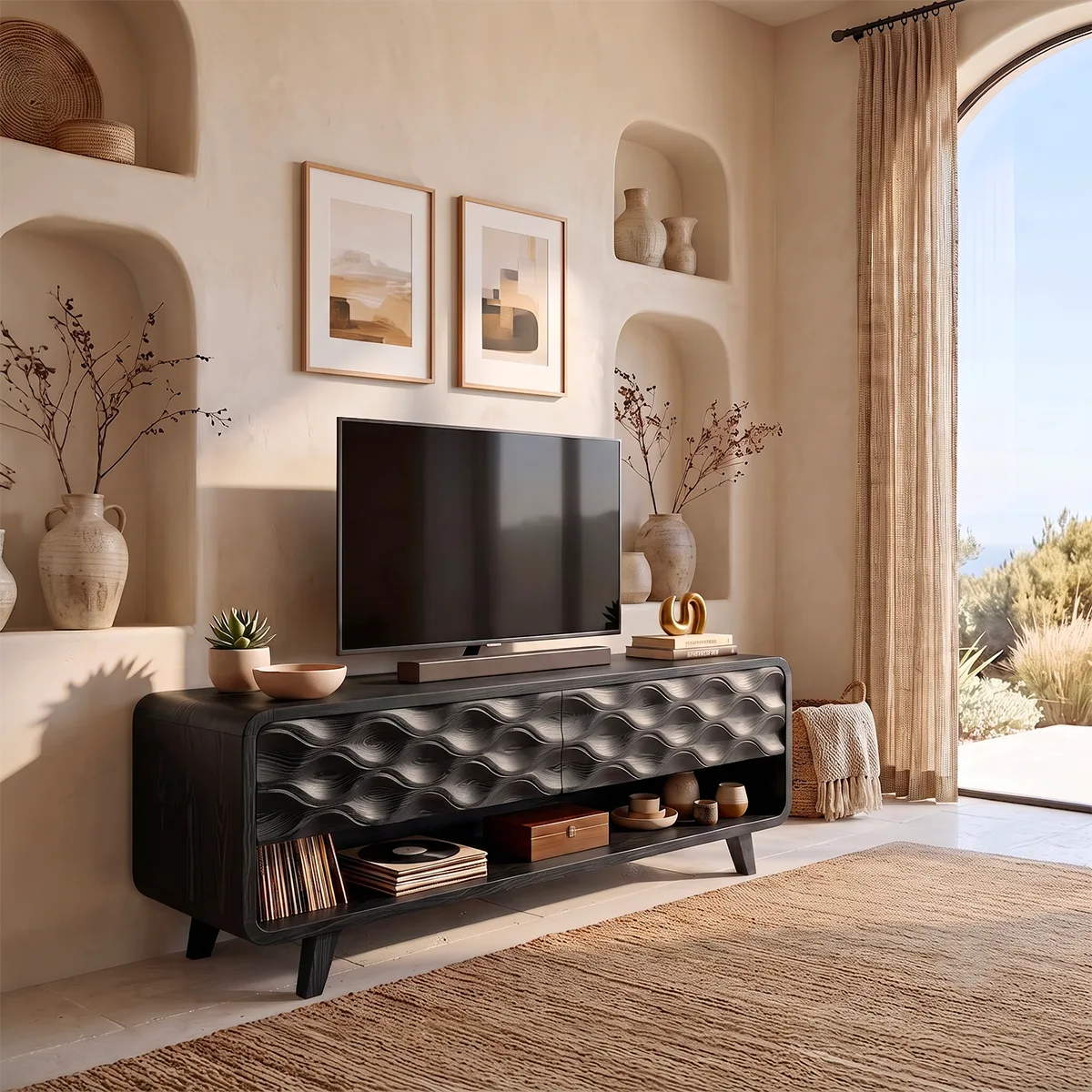 Modern TV Stand with Wave Front Doors | Contemporary Media Console with Open Storage HG021-4RXJ3SK