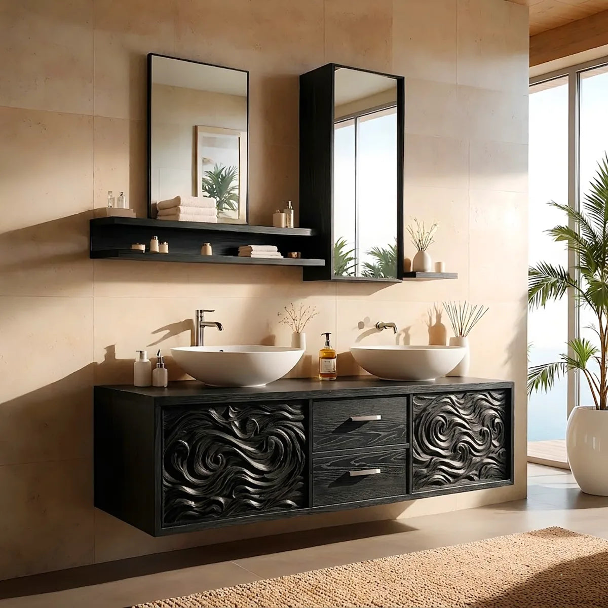 Double Sink Floating Bathroom Vanity | Luxury Carved Bathroom Cabinet HG021-2771