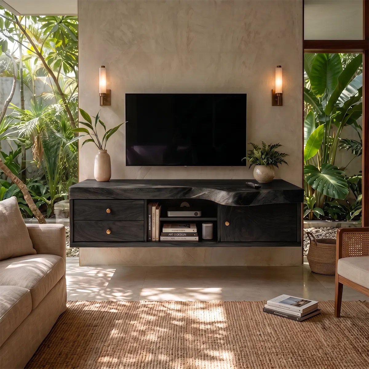 Modern TV Stand with 2 Drawers, Open Shelf & Cabinet | Natural Organic Media Console TT006-3ZLT6YV