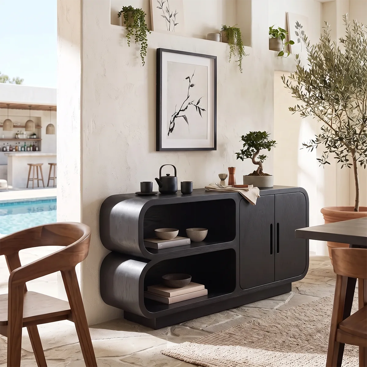 Modern Sideboard with 2 Open Shelves and 2 Cabinet Doors | Rounded Storage Cabinet HG021-6RWO4UC