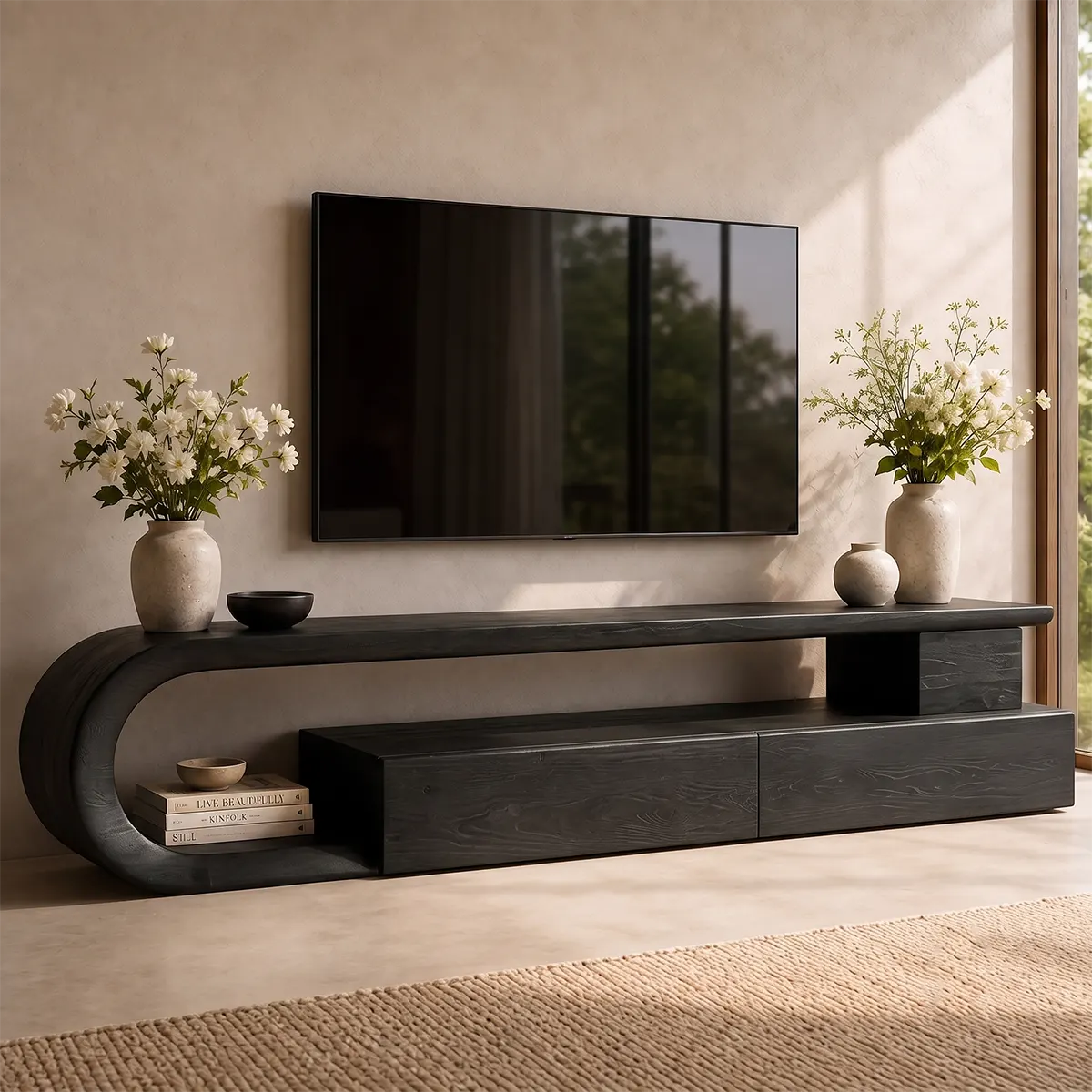 Sculptural Curved TV Stand with 3 Drawers & Open Shelving | Modern Low Profile Media Console TT006-6ELT4UJ