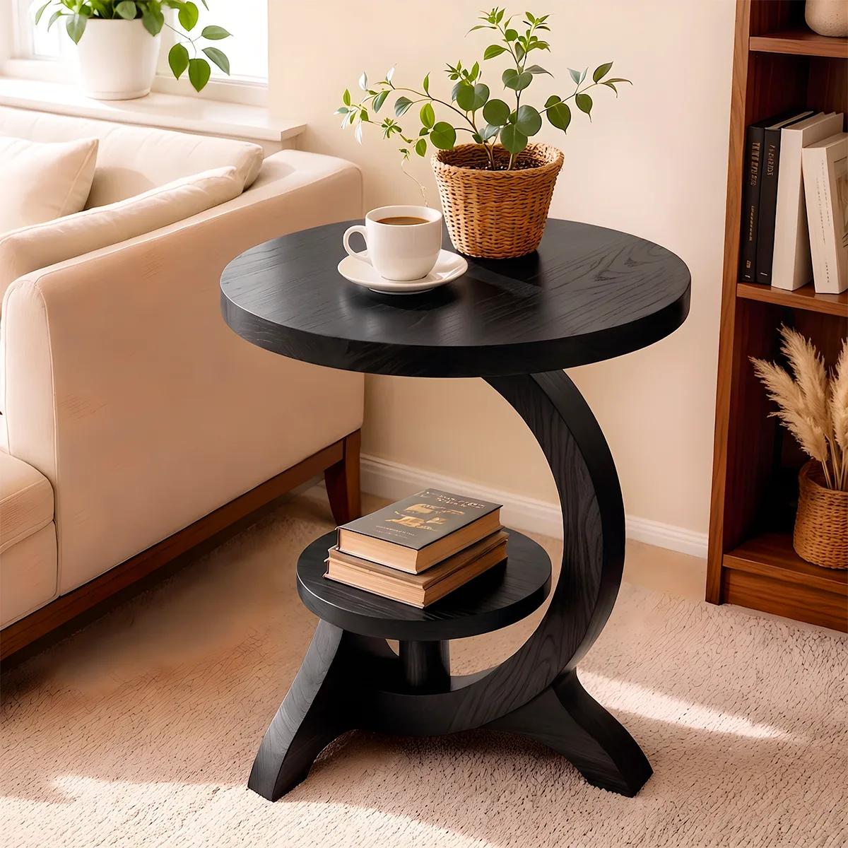 Modern Round End Table with Display Shelf | Sculptural Accent Side Table for Living Room HG021-6ZBM8JM