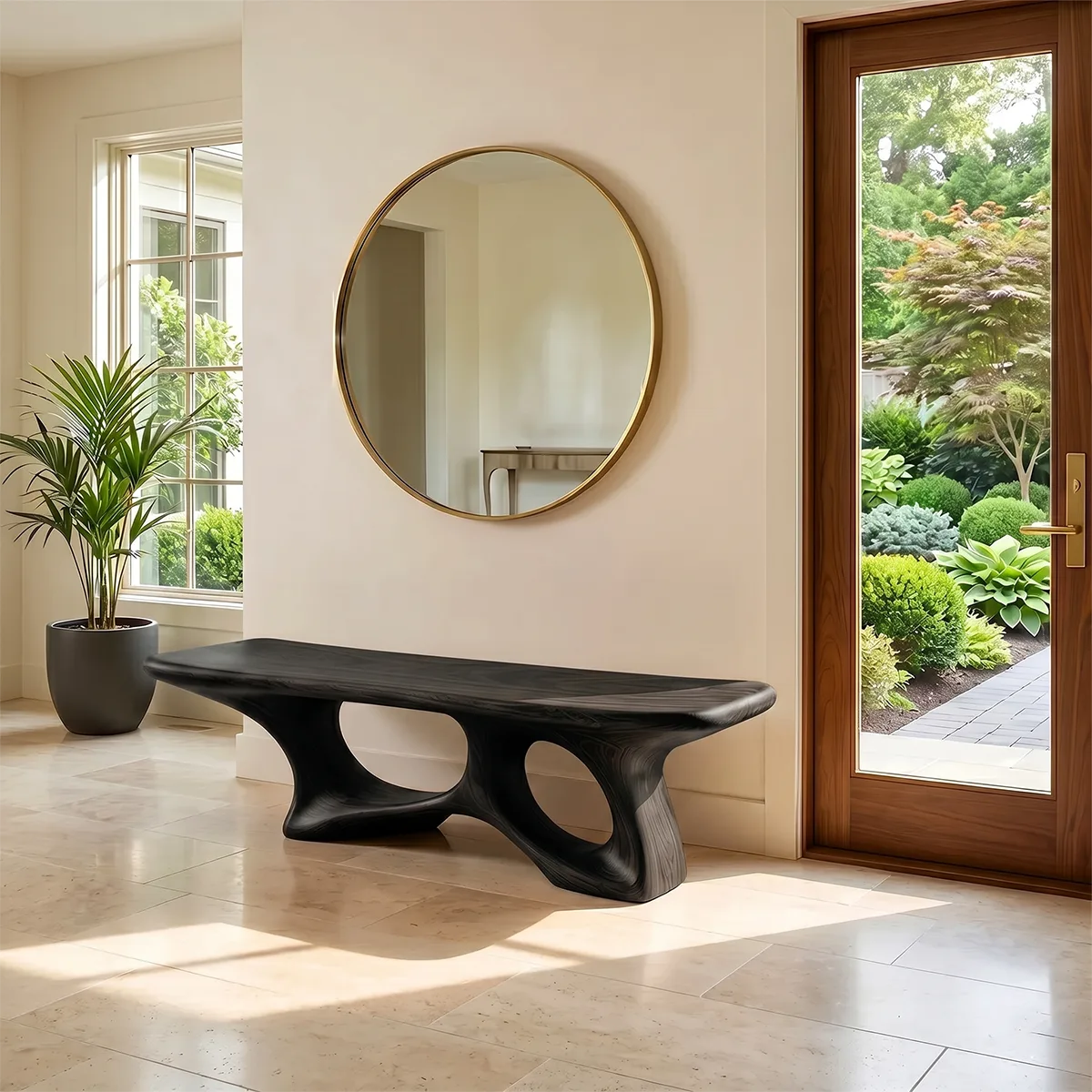 Sculptural Entryway Bench, Organic Modern Bench with Architectural Openwork Base TH003-5014
