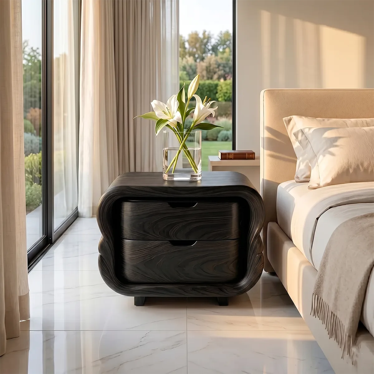 Modern Curved Nightstand | Sculptural 2 Drawer Bedside Table TH003-3504