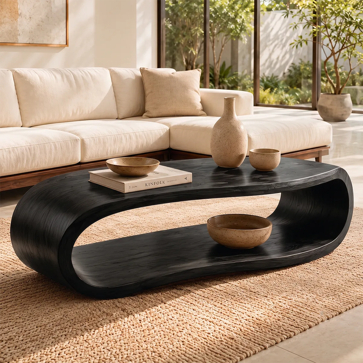 Sculptural Rounded Coffee Table with Open Lower Shelf | Organic Modern Living Room Table TT006-5HHT2PZ