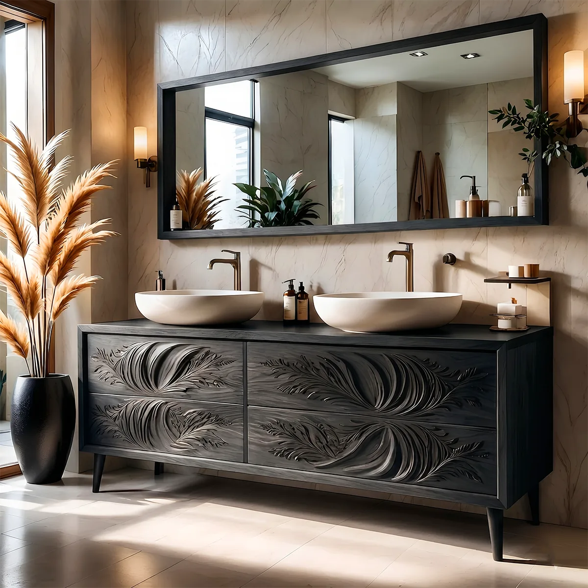 Floral Carved Double Vanity Cabinet for Modern Bathrooms HG021-1886