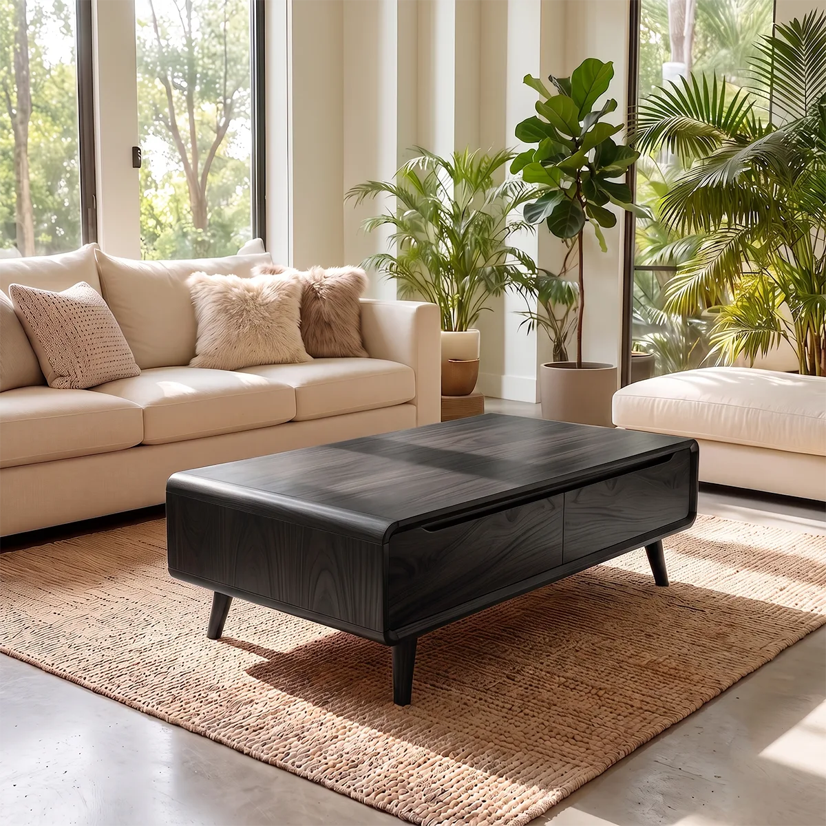 Coffee Table with 2 Storage Drawers | Modern Rounded Rectangular Center Table HG021-8SET4XE