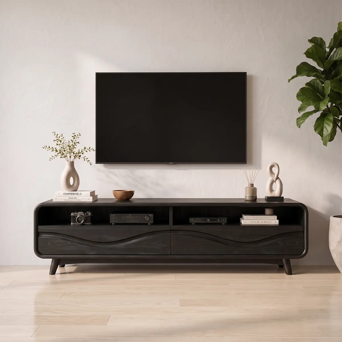 Modern TV Stand with 2 Open Shelves & Enclosed Storage | Sculptural Curved Media Console TT006-5OJR9XY