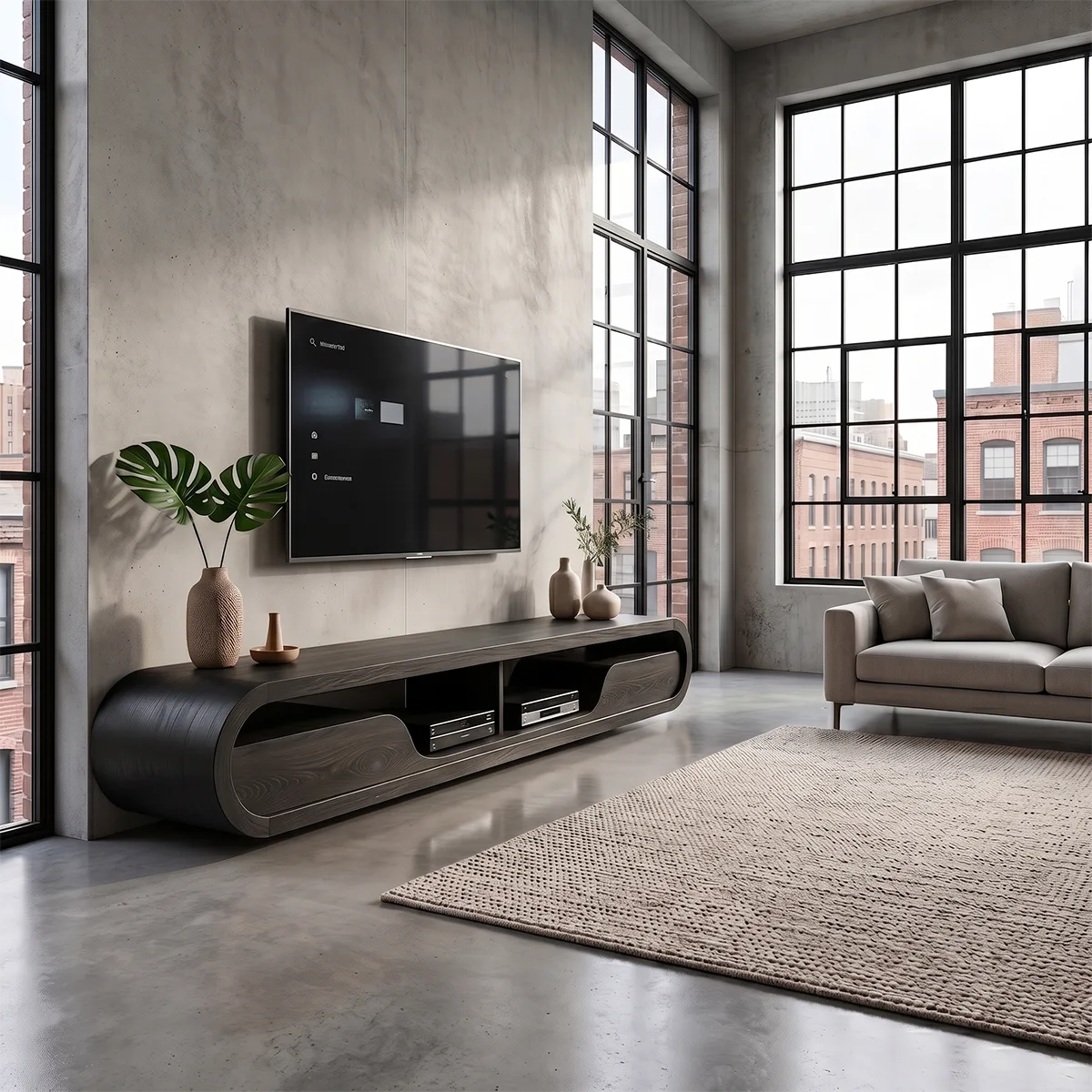 Modern Curved TV Stand with 2 Open Media Compartments | Sculptural Low Profile Console TT006-4KOT9JE