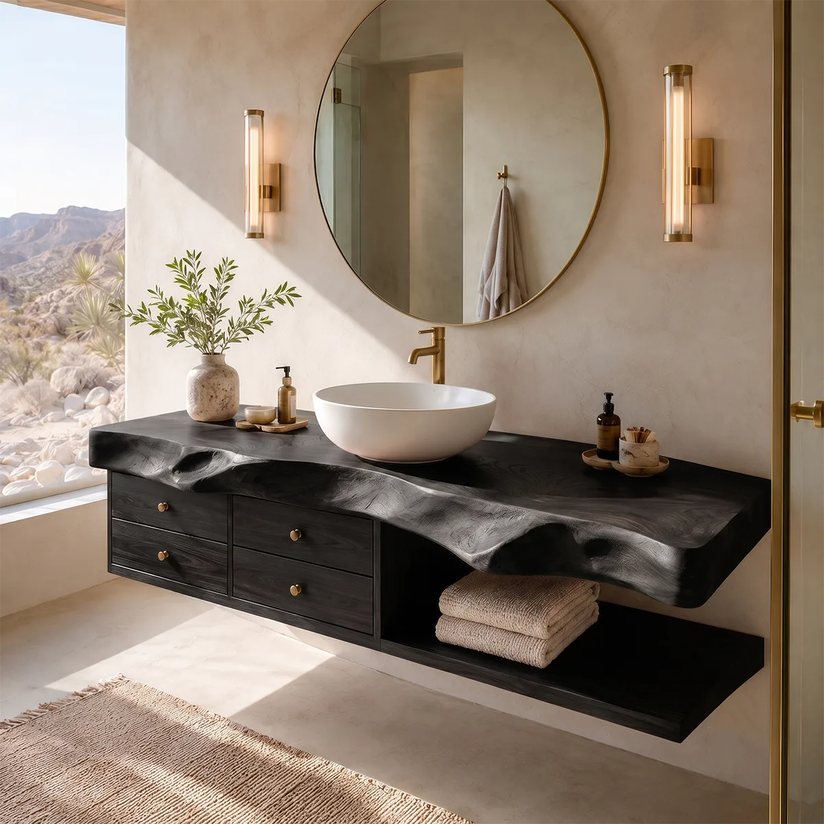 Organic Bathroom Vanity with 4 Drawers & Open Shelf | Freeform Edge Vanity Cabinet TT006-9HXZ1BE