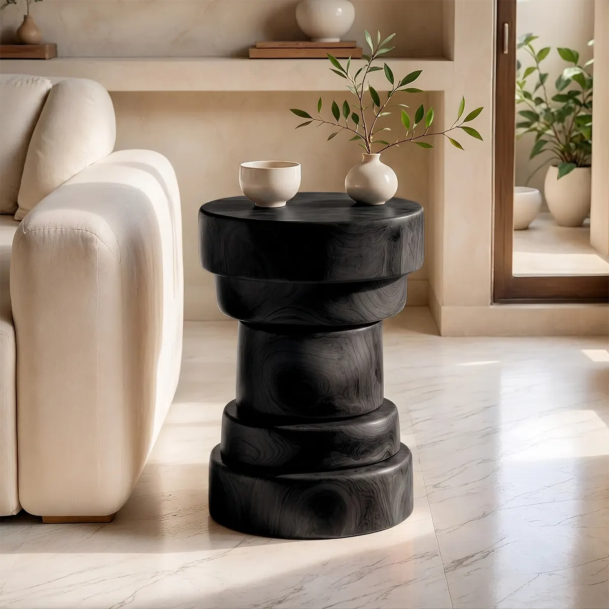 Sculptural Stacked Drum Wood End Table | Round Pedestal Side Table TT006-3TKS6LF